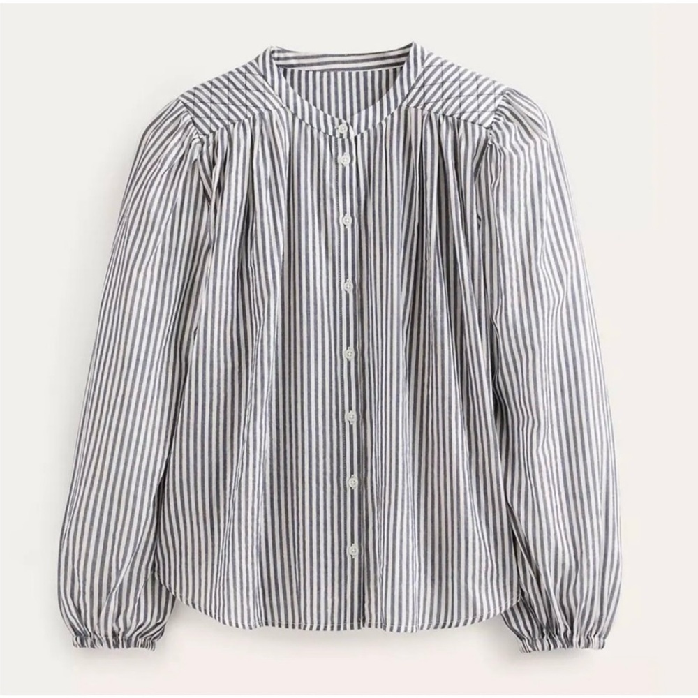 Boden Circle Cut Blue and White Peasant Striped Button-Down Shirt w/gold thread